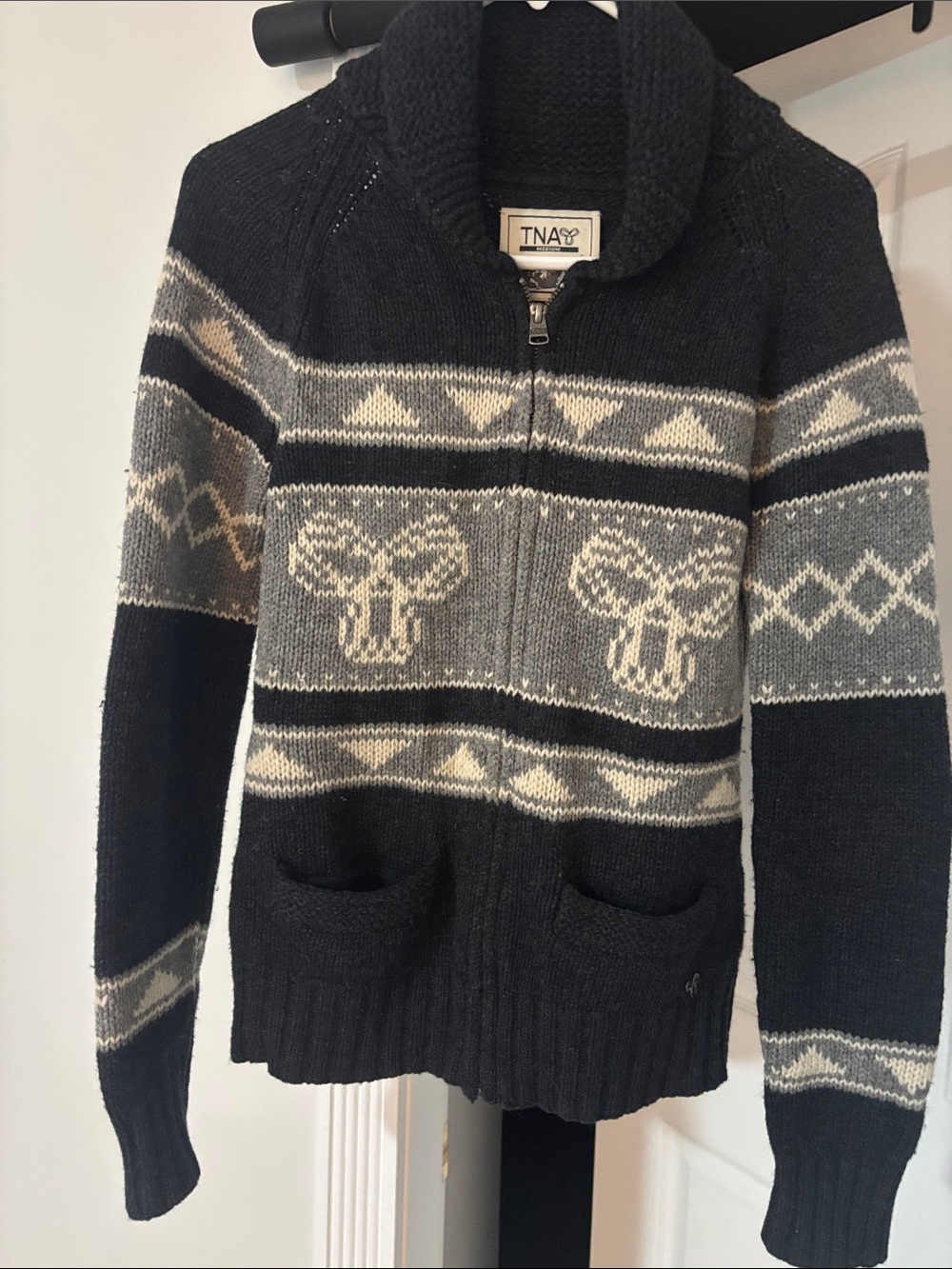TNA Black & Gray Zip-Up Shawl Collar Sweater with Nordic Pattern
